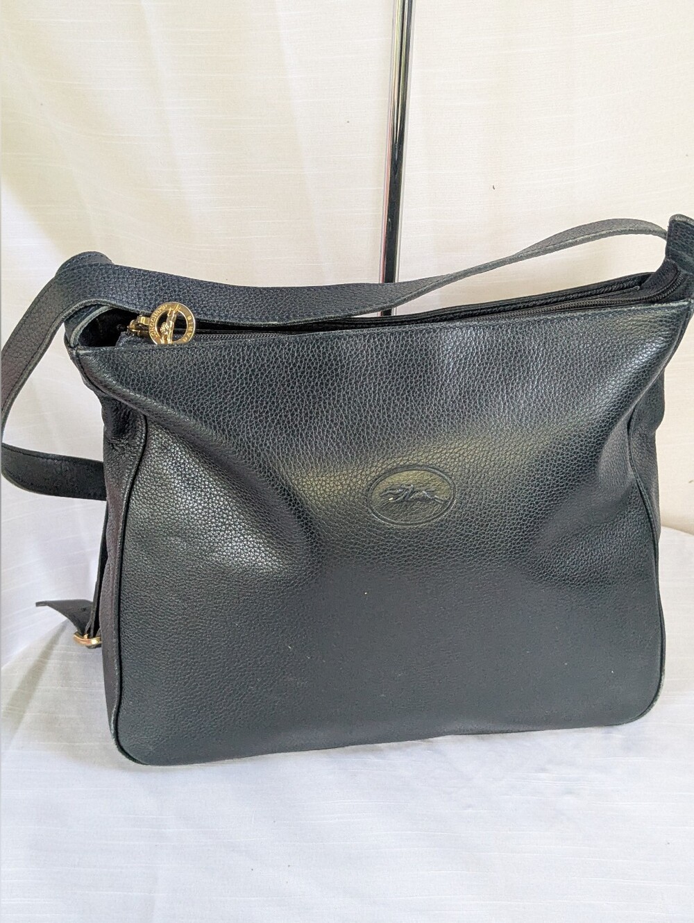 Longchamp Vintage Dark Blue Crossbody Bag with Gold Zipper Pull